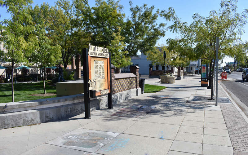 A view of Generations Plaza in Meridian, Idaho, formerly the family homesite of Samuel Martin Burns (1891) and currently a launch point for the Meridian Historic Walking Tour.