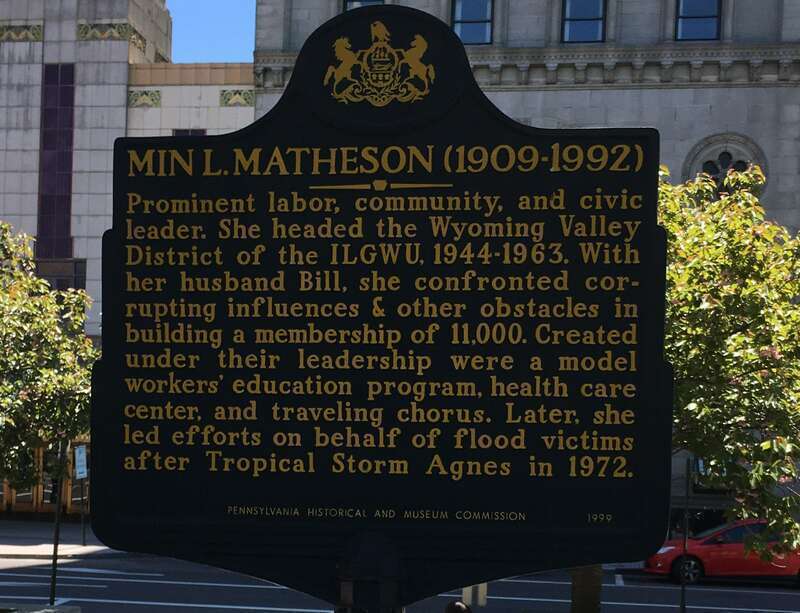 Historic marker for labor and humanitarian leader Min Matheson (1909-1992) in Wilkes-Barre PA, by Pennsylvania Historical and Museum Commission