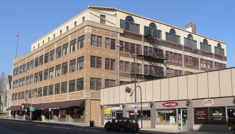 Motor Mart building, located at 520 Nebraska Street in Sioux City, Iowa; seen from the southwest.