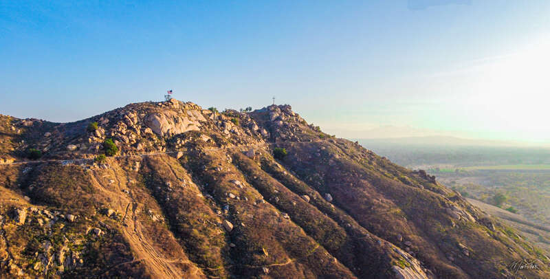 Drone photograph of Mound Rubidoux in Riverside, CA.