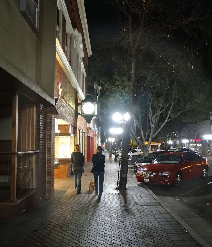 (1 in a multiple picture set)
We went downtown to check out the Christmas window displays, and I snapped this of my girls and Nancy's dog as they strolled along under the street lamps.