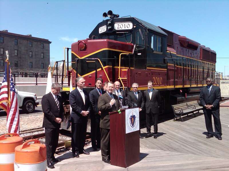Lieutenant Governor Timothy Murray with MassDOT Secretary and CEO Richard Davey and local officials in New Bedford to announce annual Industrial Rail Access Program (IRAP) recipients in April 2013