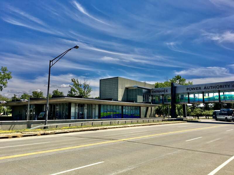 Niagara Power Vista, 5777 Lewiston Road, Lewiston, New York, July 2020. With the visitor center (left), the observation deck across the way adjacent to the gorge itself (off the right-hand margin; not seen here), and the 257-foot skybridge that