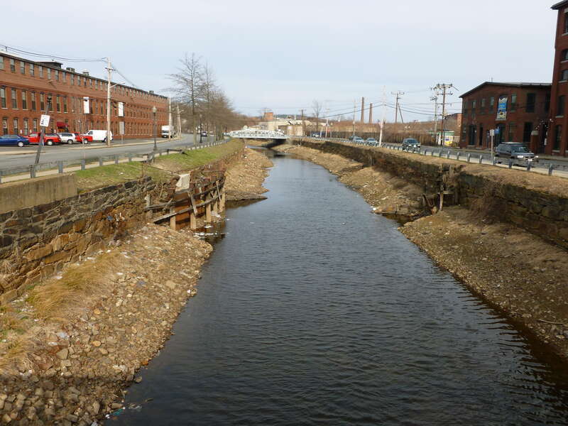 Looking east along North Canal from the Union Street bridge in Lawrence, Massachusetts.