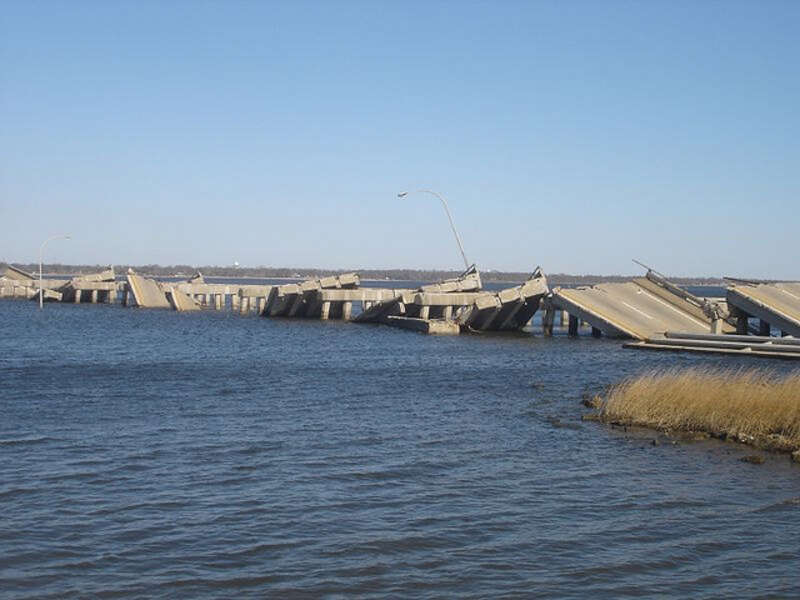 The Ocean Springs bridge between Biloxi and Ocean Springs, Mississippi six months after Hurricane Katrina.