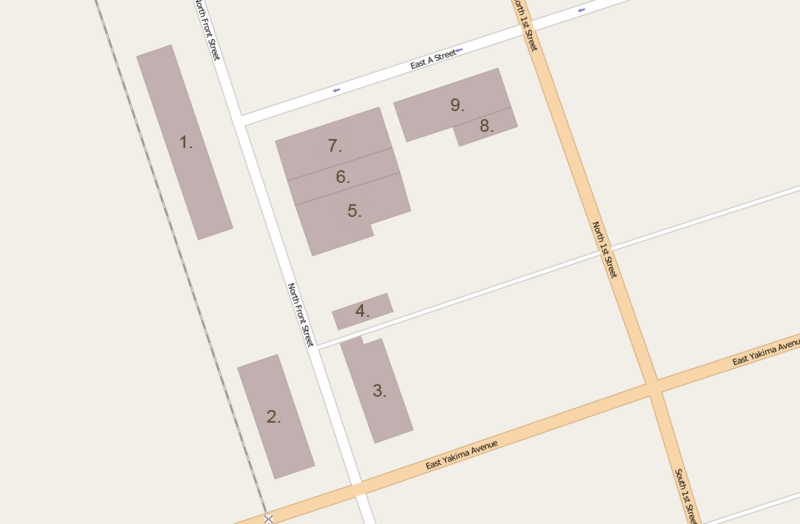 Old North Yakima Historic District
Burlington Northern Railroad Passenger Depot
Northern Express Company Office &amp;amp; Freight Depot
Lund Building
Commercial Saloon and Lodging House
Switzer's Opera House
Yakima City Hall
Hotel Sydney
Jean B. Dazet