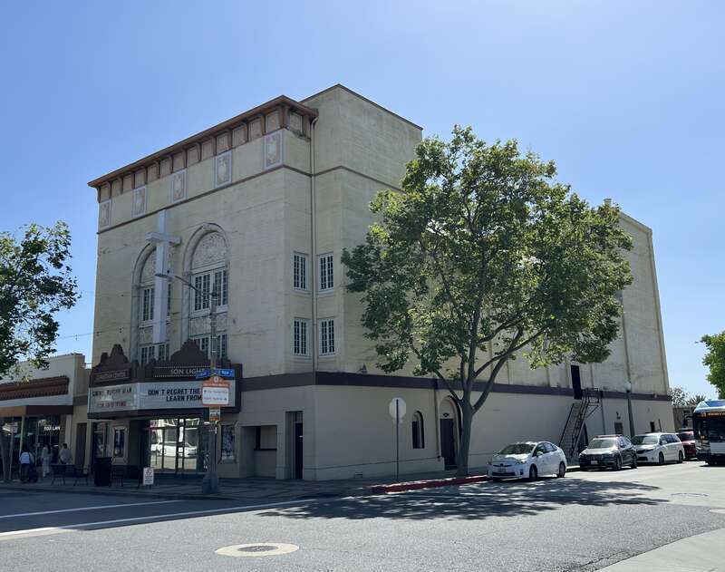 A side view of the historic Orange Theatre in the  district in California.