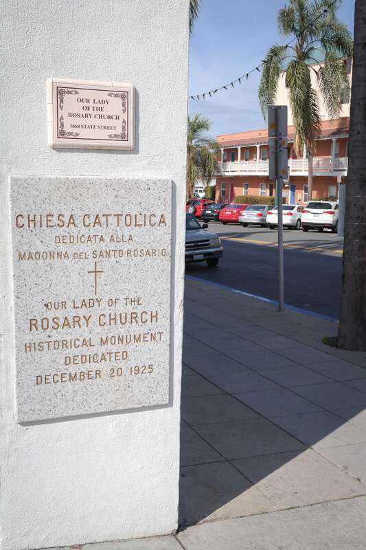 Plaques at Our Lady of the Rosary Church in Little Italy, San Diego
