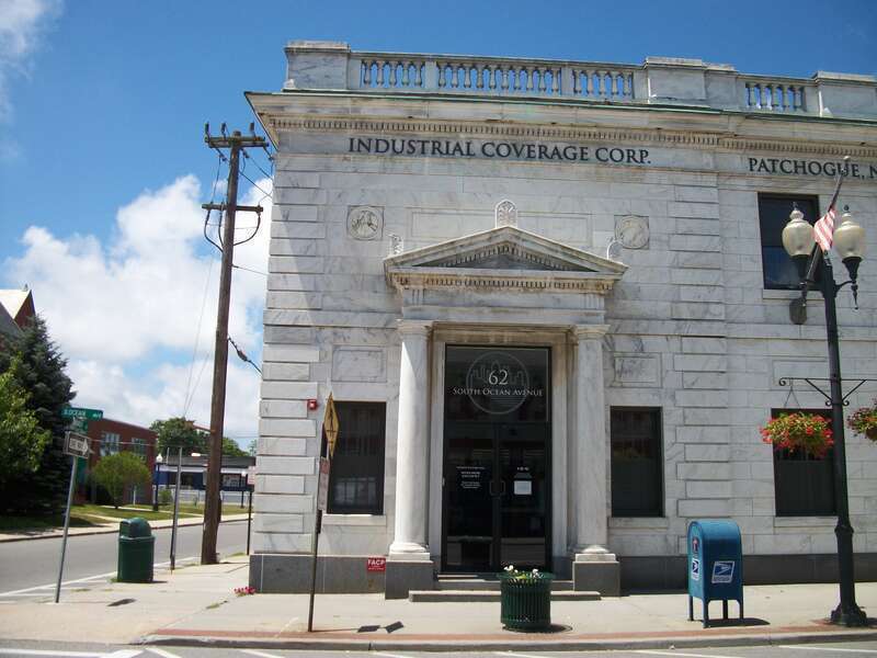 The front door of the former Patchogue Branch of the Union Savings Bank, on the northwest corner of South Ocean Avenue and Church Street, which was recently added to the National Register of Historic Places. Now it's owned by Industrial Coverage