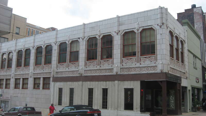 Front and eastern side of the Peggy Ann Building, located at 101 W. Federal Street in downtown Youngstown, Ohio, United States.  Built in 1930, it is listed on the National Register of Historic Places.