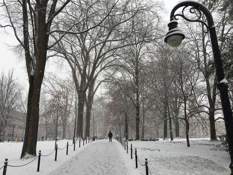 Penn State University Park campus in the snow, January 2019.  Old Main is visible on the right.