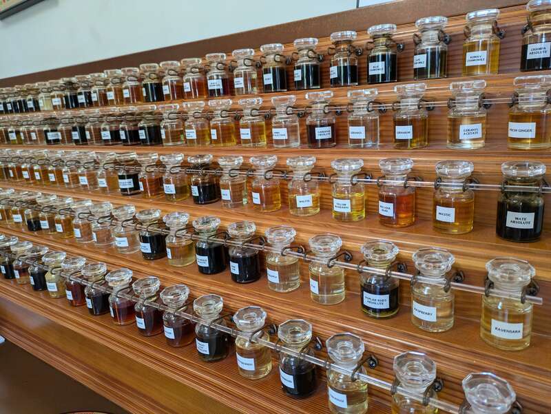 The "Perfume Organ", rows of bottles of numerous scents, at the Aftel Archive of Curious Scents in Berkeley, California, United States