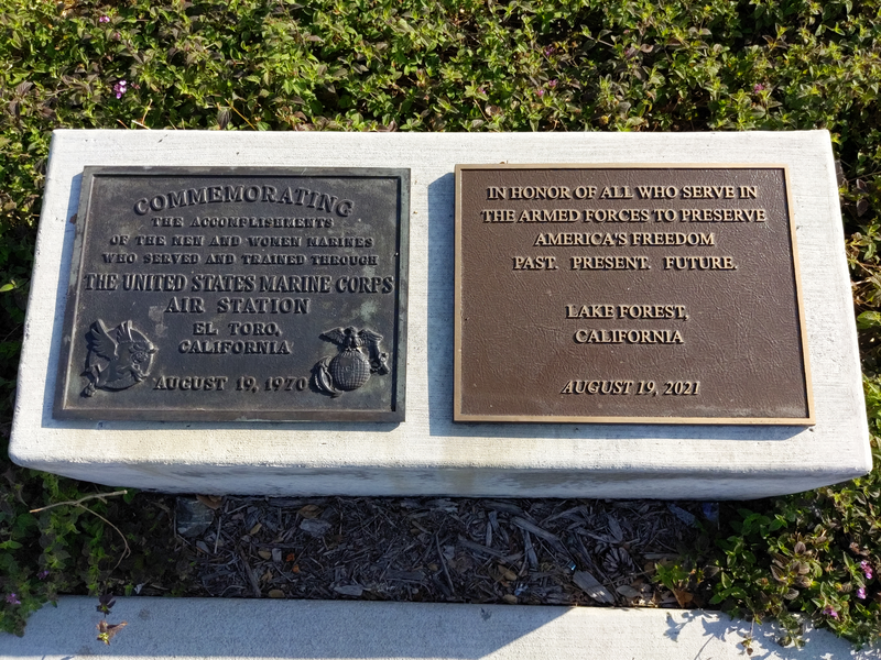 A pair of plaques in Lake Forest, California, both created on August 19th but 51 years apart. The first, dated 1970, is commemorating the accomplishments of the marines who served and trained through the United States Marine Corps Air Station El