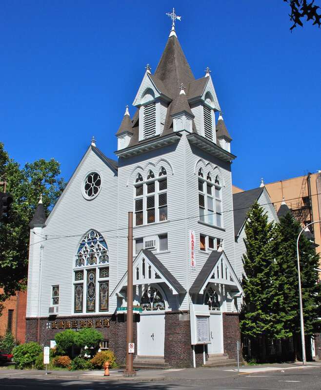 The Portland Korean Church, at 933 S.W. Clay Street (at the corner of 10th Avenue &amp;amp; Clay Street) in downtown Portland, Oregon, in 2011.  The building was completed in 1905, as the First German Evangelical Church. It remained in use by the same