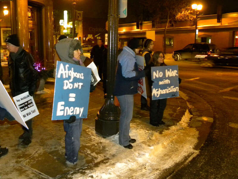 On December 17, 2009 there was a protest against the war in Afghanistan outside the St. Paul office of Representative Betty McCollum who supports President Obama’s call to send an additional 30,000 troops to Afghanistan and has proposed a tax to pay