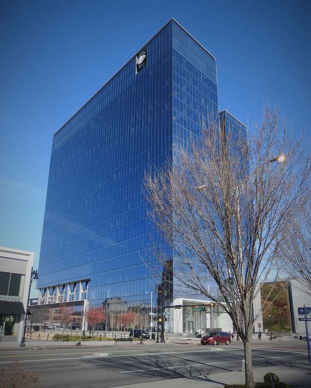 Looking north from Military Park on a sunny late morning, at a corporate headquarters