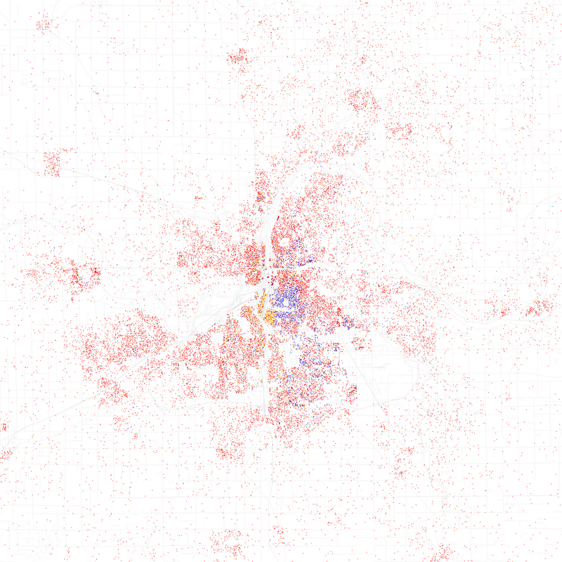 Maps of racial and ethnic divisions in US cities, inspired by Bill Rankin's map of Chicago, updated for Census 2010.
Red is White, Blue is Black, Green is Asian, Orange is Hispanic, Yellow is Other, and each dot is 25 residents.

Data from Census