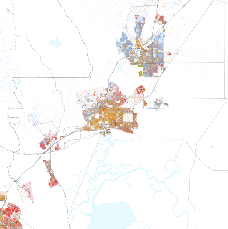 Map of the distribution of races and ethnicities in US cities, inspired by similar maps created by Dustin Cable and others.
Blue is White, Green is Black, Red is Asian, Orange is Hispanic, Purple is Multiracial, and Brown is Native American/Other.