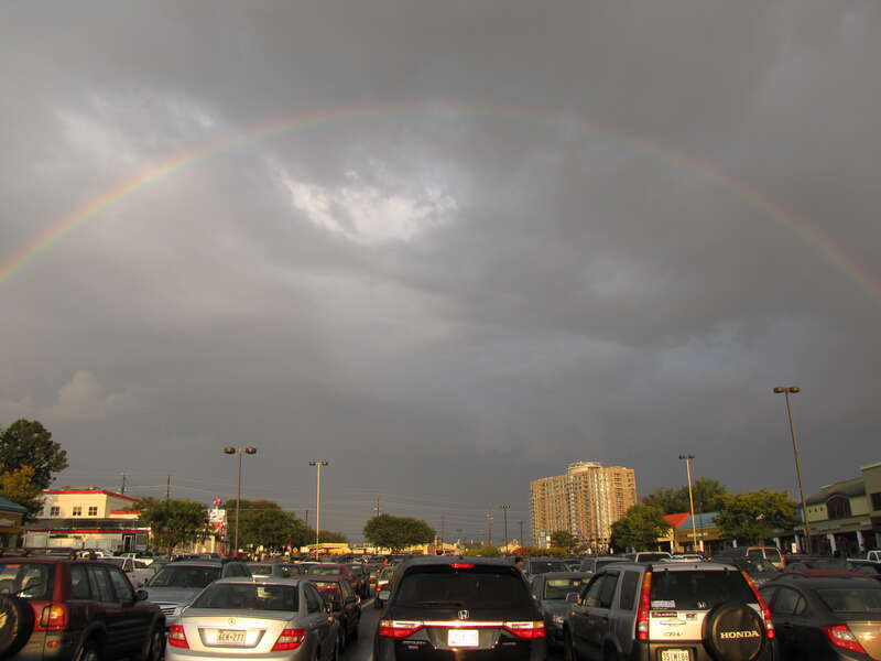 Rainbow following a storm over the Federal Plaza shopping center in Rockville, Maryland.

Ben Schumin is a professional photographer who captures the intricacies of daily life.  This image may be used under Creative Commons Attribution-ShareAlike