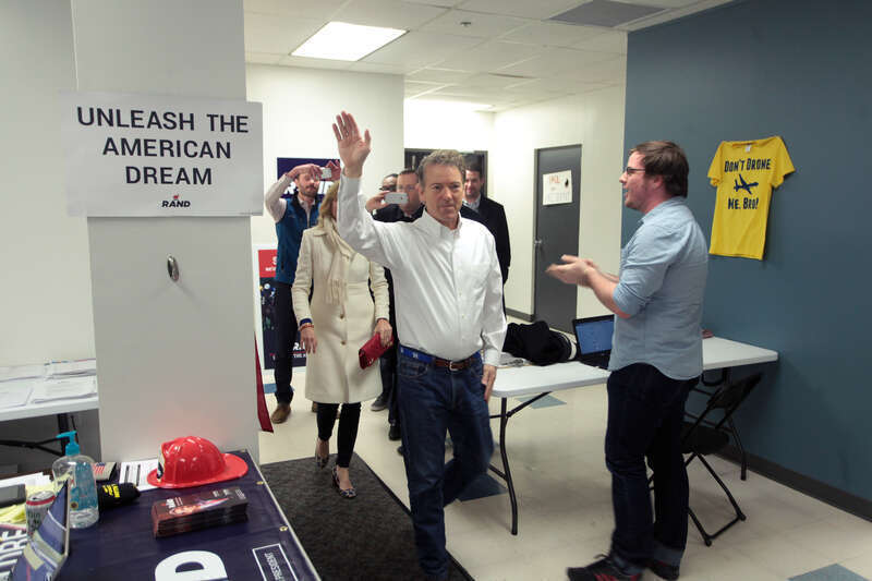 U.S. Senator Rand Paul and his wife, Kelley Paul, speaking with supporters at a campaign office visit at his Iowa campaign headquarters in Des Moines, Iowa.

Please attribute to Gage Skidmore if used elsewhere.