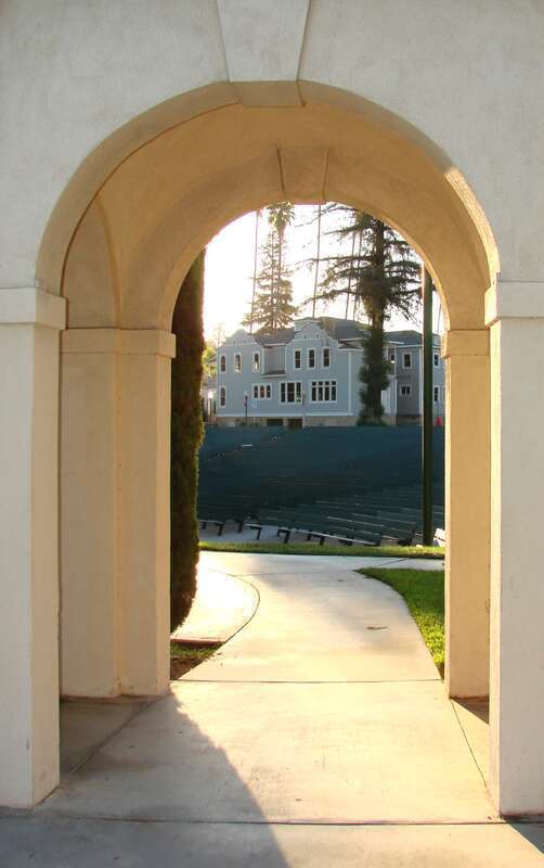 (1 of a multiple picture set)
Seen from behind the Redlands Bowl stage, the Bowl House is in the process of being completed.  It was saved from demolition and has been restored using funds donated from the people of Redlands.  It will be the setting