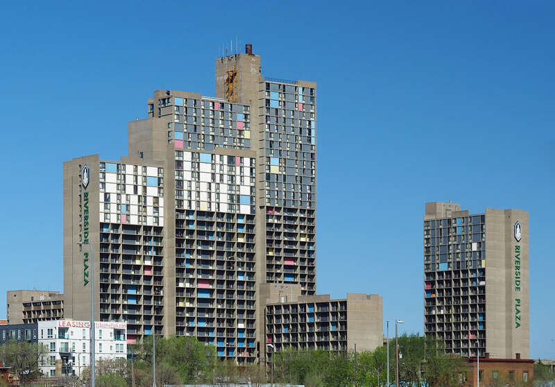 Riverside Plaza, 1600 6th St S, Minneapolis, Minnesota, USA. Viewed from the southwest from across the I-35W corridor. 





This is an image of a place or building that is listed on the National Register of Historic Places in the United States of
