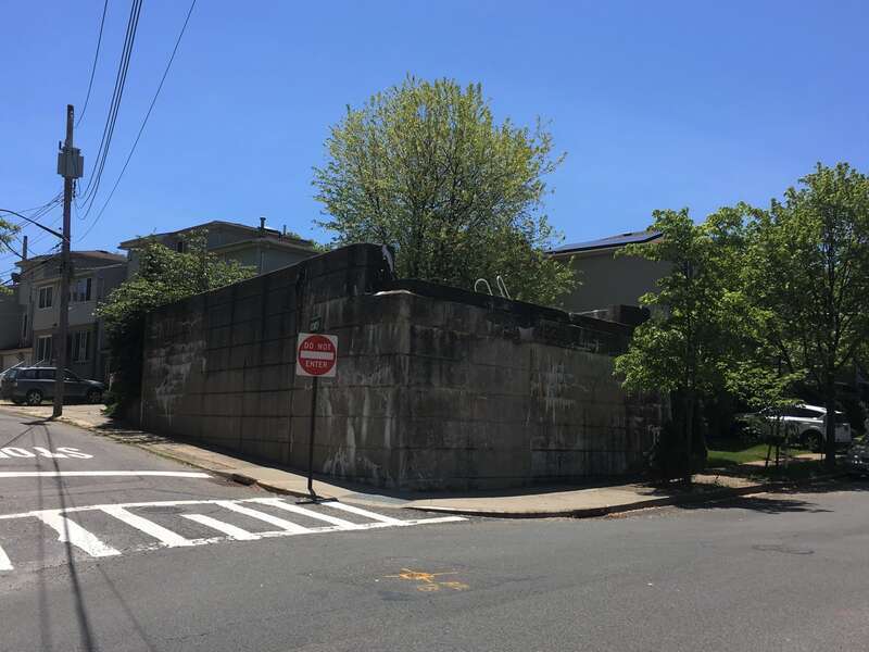 Remnant of the South Beach Branch of the Staten Island Railroad, on St. Johns Avenue at Clayton Street, in Rosebank on Staten Island, New York, USA, in 2019.