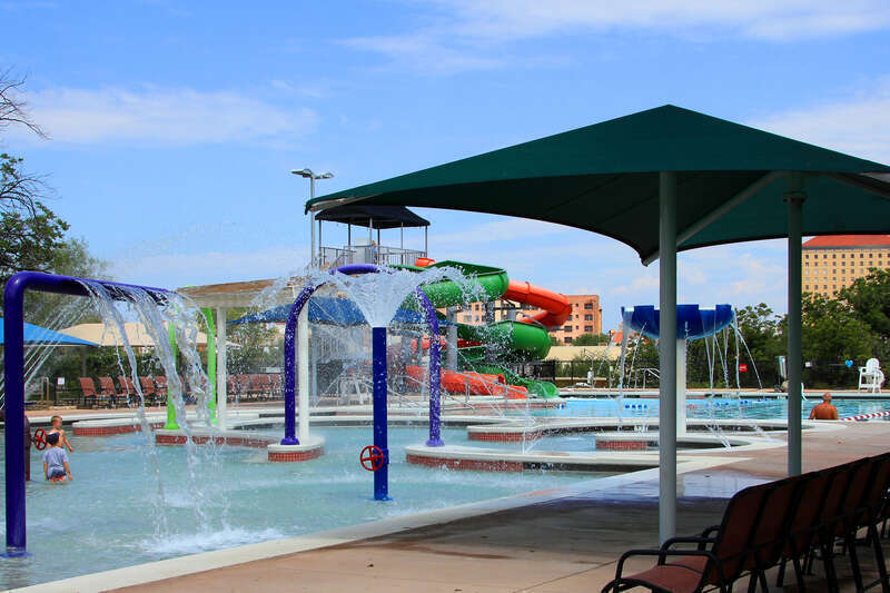 The municipal swimming pool in San Angelo, Texas, United States. The Works Progress Administration assisted with funds to help build the pool in 1938.