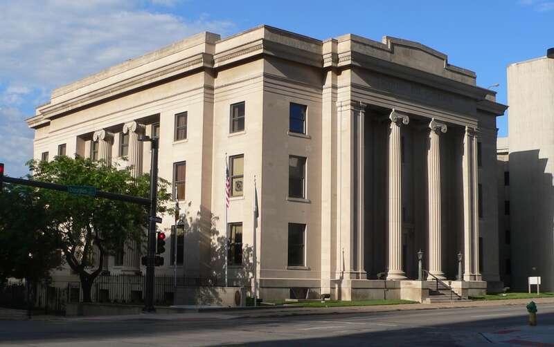 Scottish Rite Cathedral, located at 202 S 20th Street (southwest corner of 20th and Douglas Streets) in Omaha, Nebraska; seen from the northeast.  The east side faces 20th; the north side, Douglas.