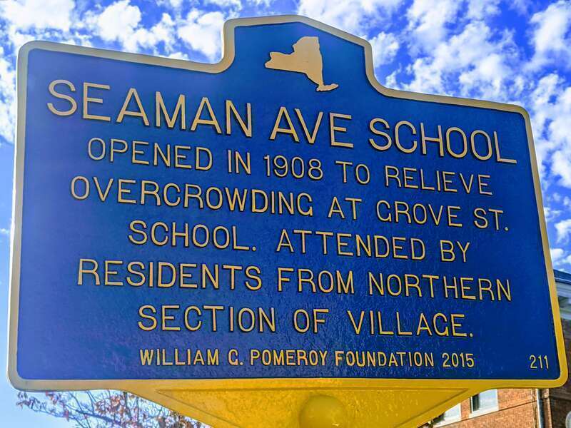 Seaman Ave school No2 historic marker Freeport NY, built to relieve school overcrowding in the northern part of the village