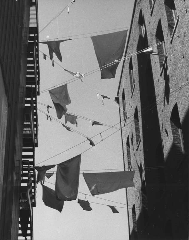 Laundry in Post Alley, Seattle, Washington, 1978. This is immediately south of Virginia Street, looking north.