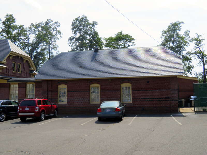 A side building (possibly a former express office or freight house) at the former Westfield station in August 2018