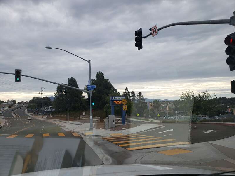 A picture of the west driveway if Morse High School in the Bay Terraces neighborhood of San Diego, as seen looking East on Skyline Drive