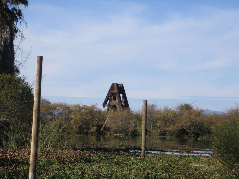 The remains of the Solano (ferry) in the San Joaquin River in Antioch, California, USA.  The ferry was sunk and turned into an island in the river shortly after the opening of the Benicia-Martinez rail bridge in 1930.  The prominent steel structure