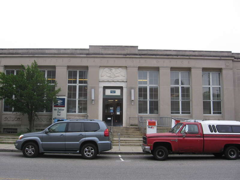 Front entrance of the South Norwalk Post Office, view looking south.