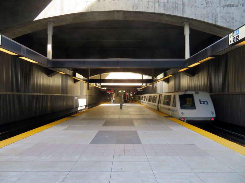Southbound train leaving San Bruno station in June 2018