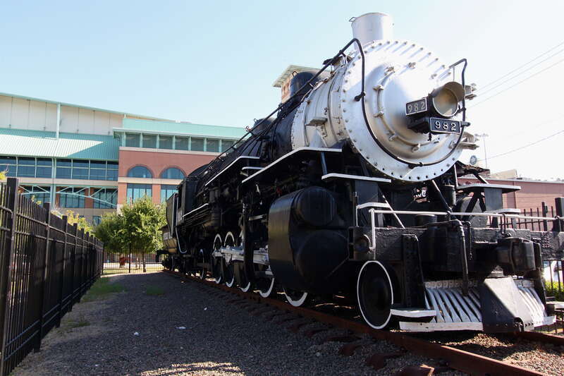 Southern Pacific 2-10-2 steam locomotive outside Minute Maid Field, Houston TX