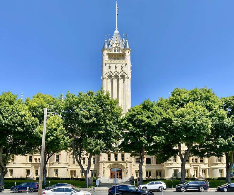 Built in 1894-1895, this Renaissance Revival-style building was designed by Willis Ritchie and built by David B. Fotheringham to serve as the Spokane County Courthouse.  The building features a buff brick exterior with decorative patterned brickwork,