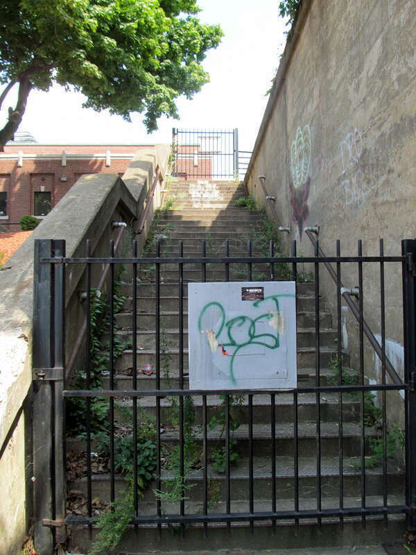 Stairs from Parker Street to the former Lawrence station in August 2012
