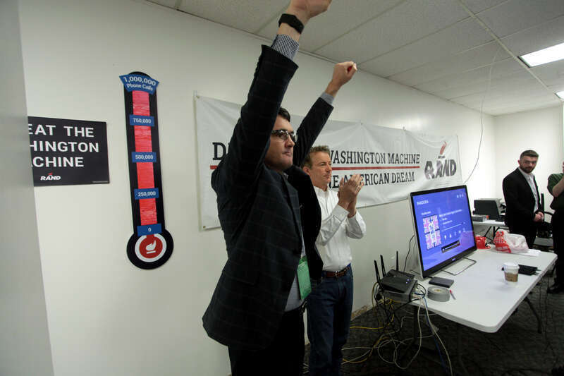 Steve Grubbs and U.S. Senator Rand Paul speaking with supporters at a campaign office visit at his Iowa campaign headquarters in Des Moines, Iowa.

Please attribute to Gage Skidmore if used elsewhere.