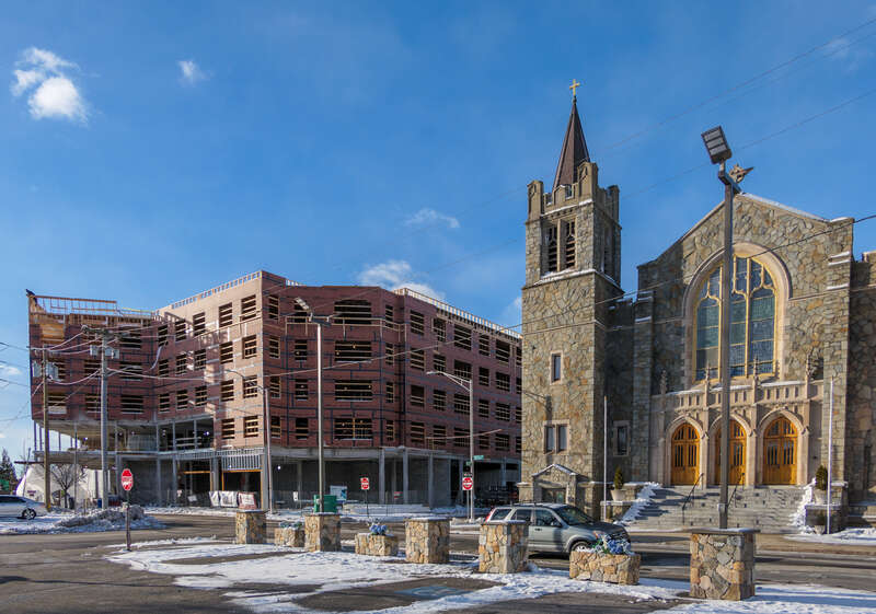 Tempo Apartments (under construction) and Our Lady of the Rosary Catholic Church, Providence Rhode Island