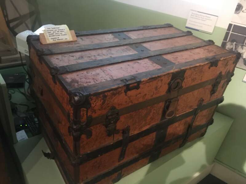 A real chest that was used to carry personal belongings of an internee, as part of the &quot;Uprooted! Japanese Americans During WWII&quot; exhibit on the first floor of the The California Museum.