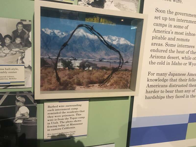 A section of actual barbed wire that used to surround an internment camp, as part of the &quot;Uprooted! Japanese Americans During WWII&quot; exhibit on the first floor of the The California Museum.