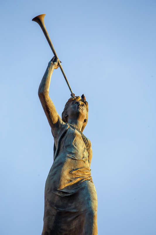 The Call to Arms, a 17-foot bronze statue of the Goddess Columbia. She stands atop the Soldiers and Sailors Monument in Troy, New York. Designed by artist James E. Kelly of New York City.