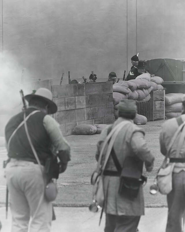 Part of the reenactment of the Civil War Battle of Galveston, in which Confederate forces retook the port of Galveston from the Union army