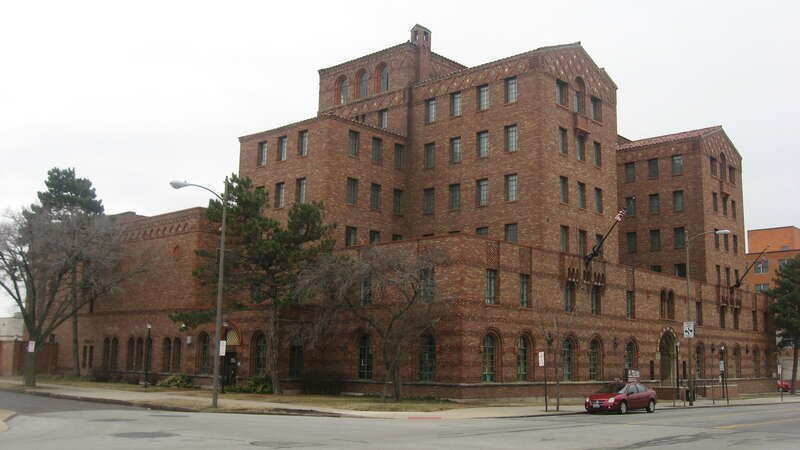Front and western side of the Central YMCA, located at 1110 Jefferson Avenue in Toledo, Ohio, United States.  Built in 1934, it is listed on the National Register of Historic Places.