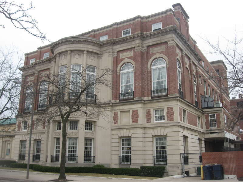 Front and western side of the Toledo Club, located at 235 Fourteenth Street on Madison Avenue in Toledo, Ohio, United States.  Built in 1915, it is listed on the National Register of Historic Places.