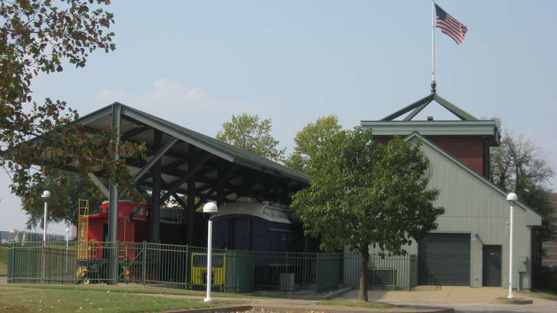 Main building and railroad rolling stock at the Transportation Center of the Evansville Museum of Arts, History and Science, located at 411 SE. Riverside Drive in Evansville, Indiana, United States.