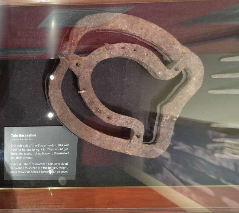 Soft soil of Sacramento river was hard for horses to work in. Chinese laborers invented this horseshoe to help to spread the weight of the horse.
The horseshoe is from Sacramento's California Museum exhibit.