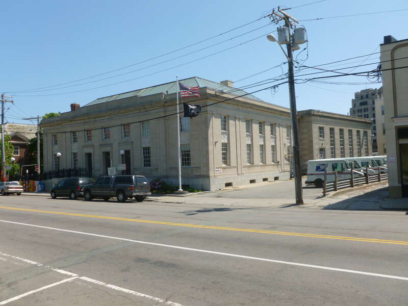 US Post Office located near Quincy center, at 47 Washington Street, Quincy, Massachusetts.  North (front) and west sides of building shown.